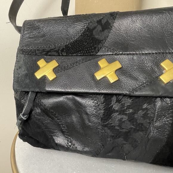 VTG Black Patchwork Boho Leather Suede 80s Shoulder Crossbody Bag Glam Studio 54 - Picture 4 of 16